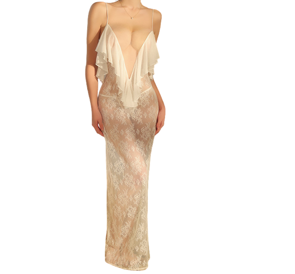 Purely seductive and laid-back see-through lace deep V low-cut backless nightdress