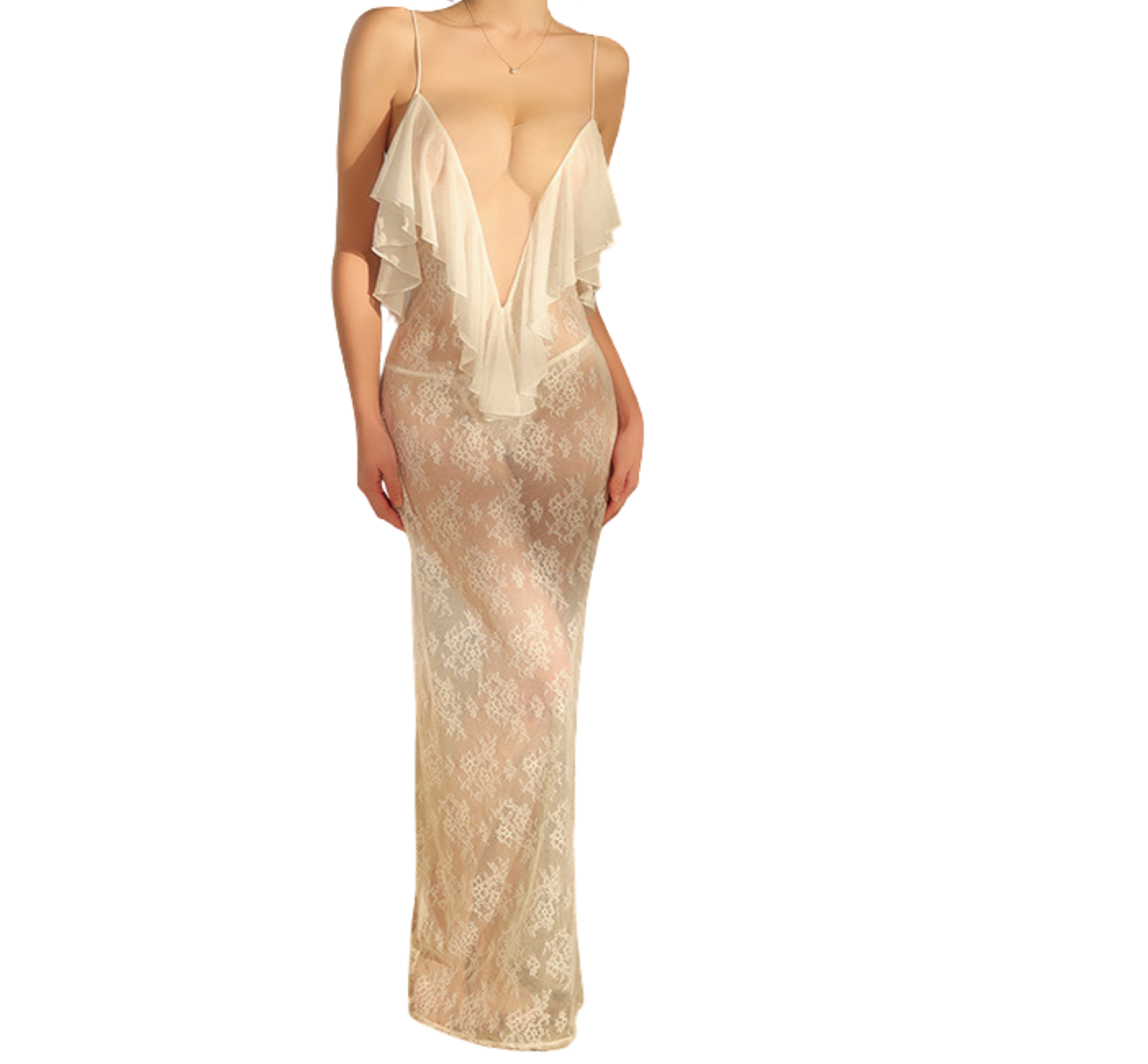 Purely seductive and laid-back see-through lace deep V low-cut backless nightdress