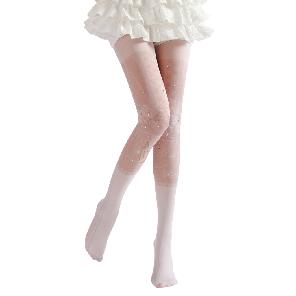 Diamond Lace Print Pantyhose, Rhinestone Stockings, Palace Style Lolita Stockings