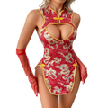 Asian alluring erotic uniform: chef's brocade cheongsam with a slit, see-through back, seductive, slim-fitting, vintage, sexy, and tight-fitting