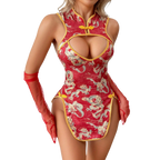 Asian alluring erotic uniform: chef's brocade cheongsam with a slit, see-through back, seductive, slim-fitting, vintage, sexy, and tight-fitting