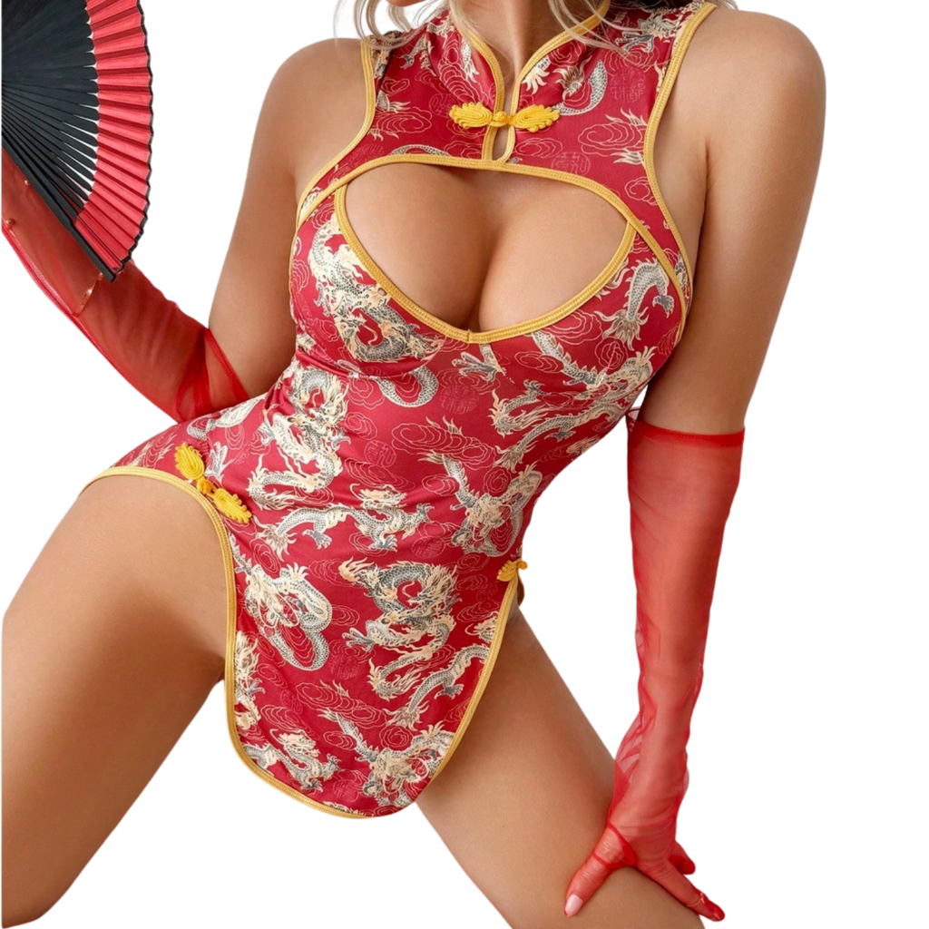 Asian alluring erotic uniform: chef's brocade cheongsam with a slit, see-through back, seductive, slim-fitting, vintage, sexy, and tight-fitting