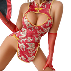 Asian alluring erotic uniform: chef's brocade cheongsam with a slit, see-through back, seductive, slim-fitting, vintage, sexy, and tight-fitting