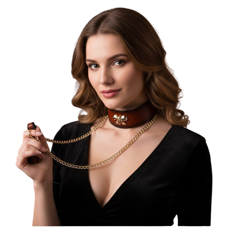 High-end genuine leather SM accessory, golden bowknot erotic leash collar, alternative choker
