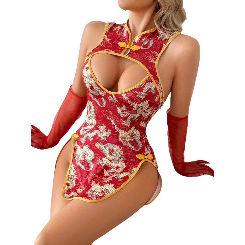 Asian alluring erotic uniform: chef's brocade cheongsam with a slit, see-through back, seductive, slim-fitting, vintage, sexy, and tight-fitting
