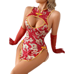Asian alluring erotic uniform: chef's brocade cheongsam with a slit, see-through back, seductive, slim-fitting, vintage, sexy, and tight-fitting