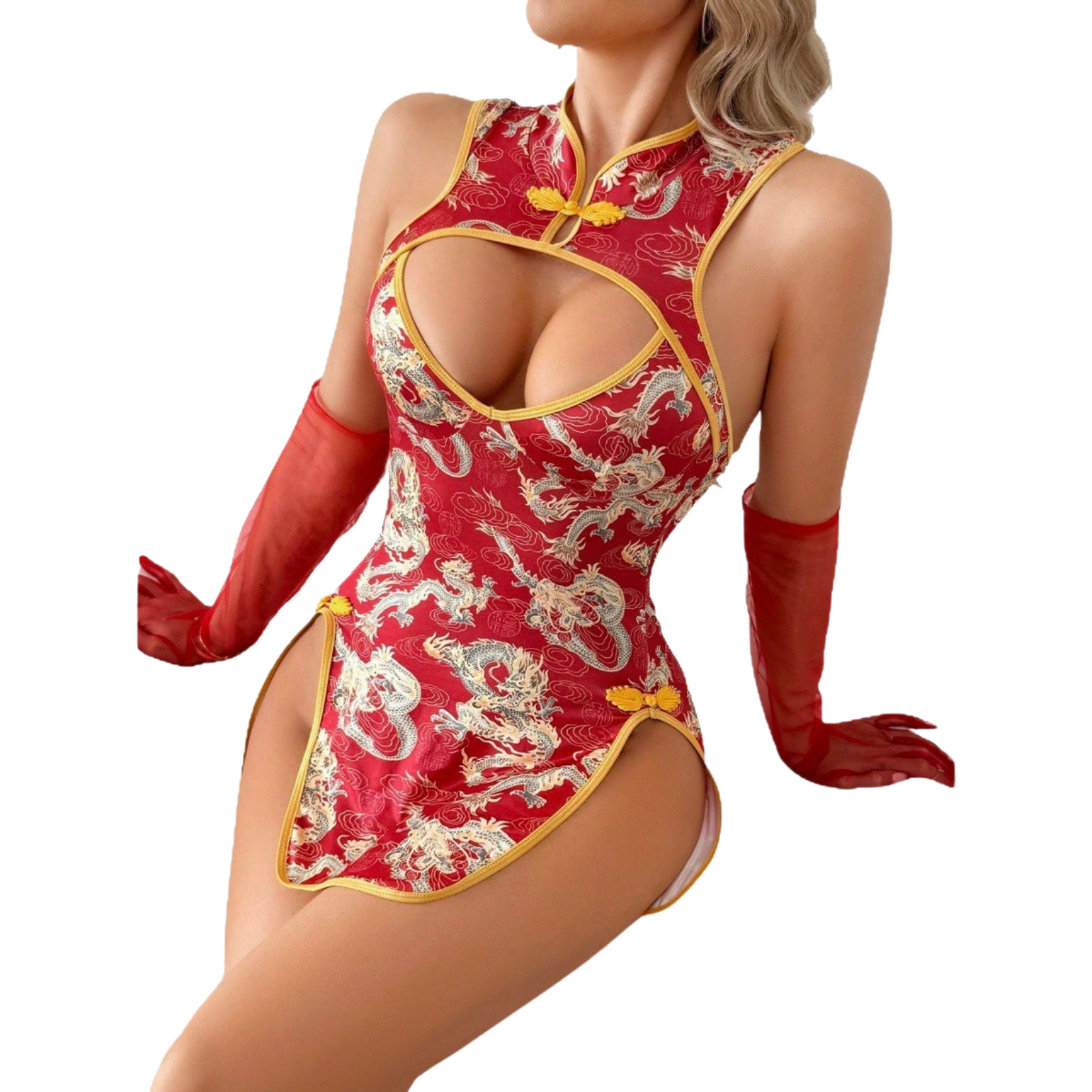 Asian alluring erotic uniform: chef's brocade cheongsam with a slit, see-through back, seductive, slim-fitting, vintage, sexy, and tight-fitting