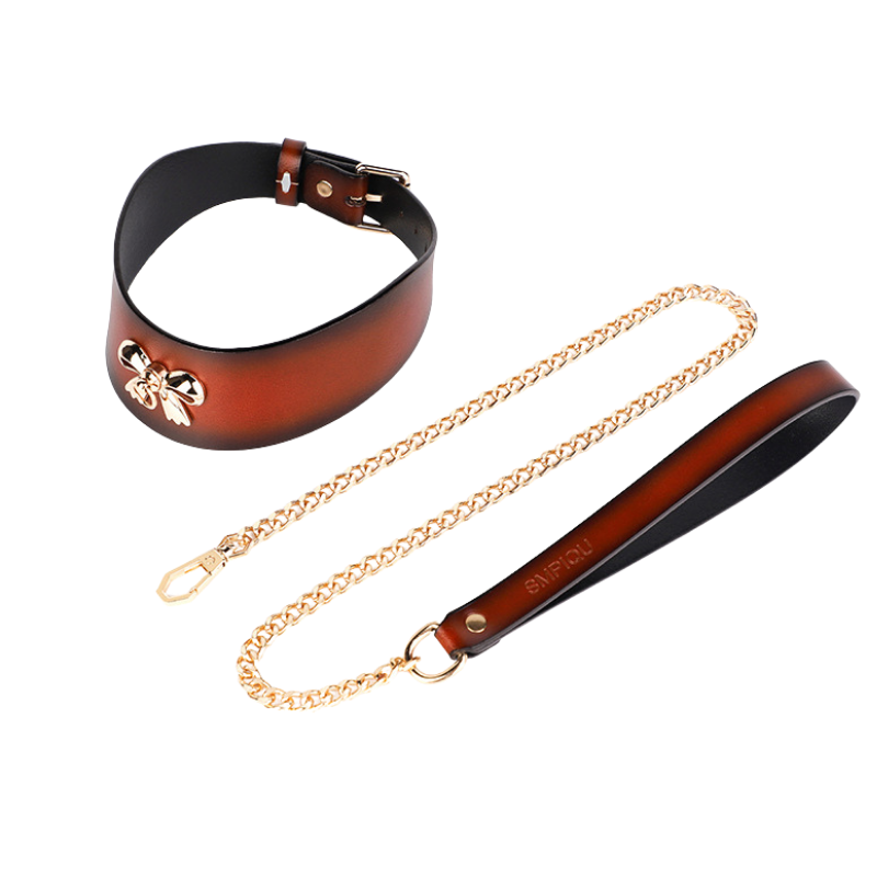 High-end genuine leather SM accessory, golden bowknot erotic leash collar, alternative choker