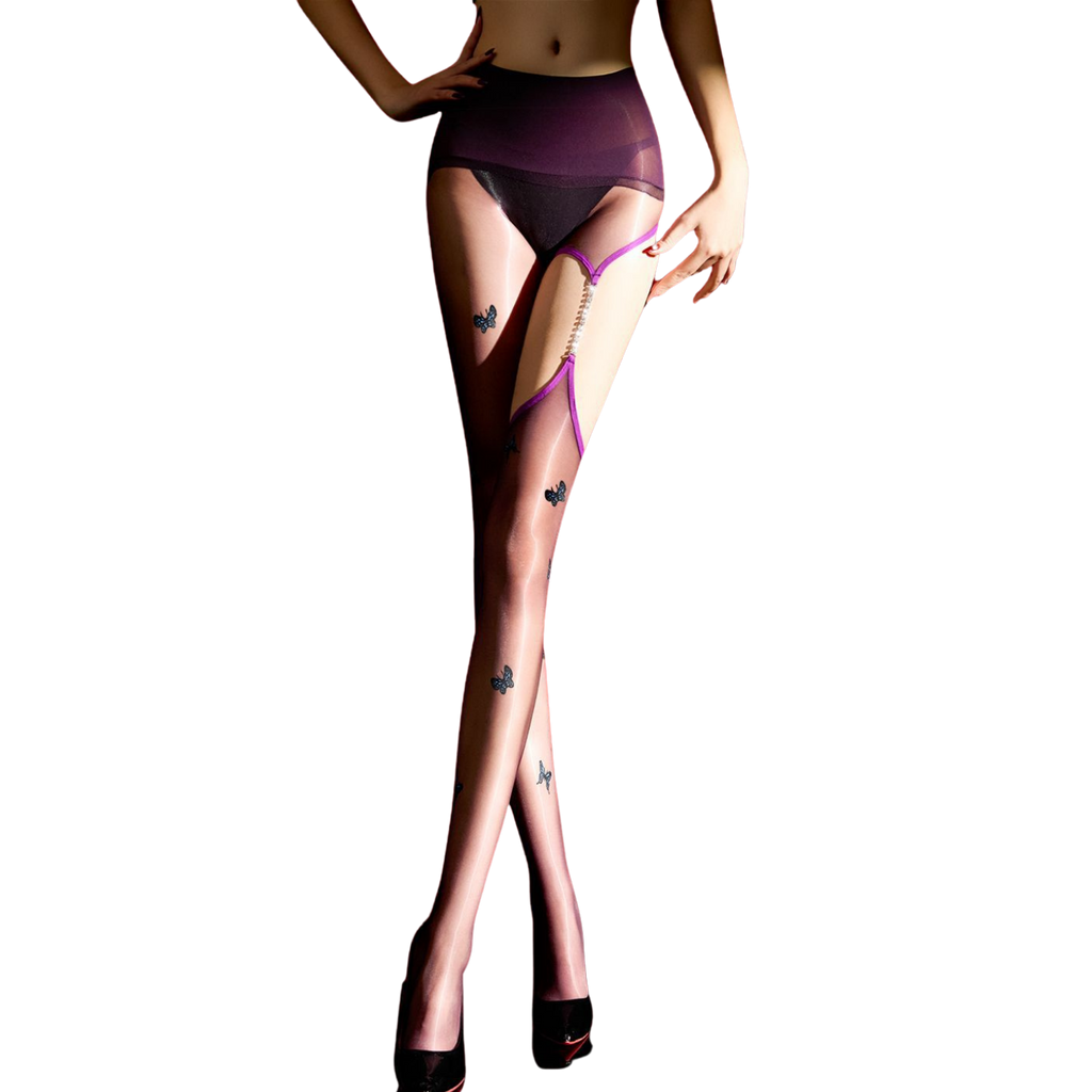 Oriental Butterfly Diamond Chain Garter Seamless Crotch Shiny Aurora Ultra-thin Sexy Black Stockings