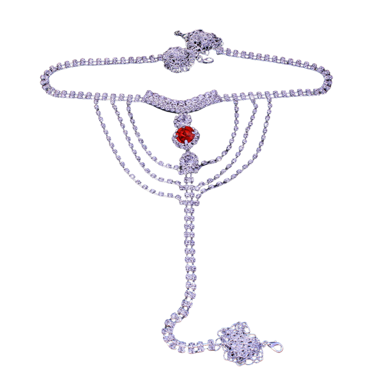 Round ruby bikini body chain, sexy nightclub rhinestone panty chain