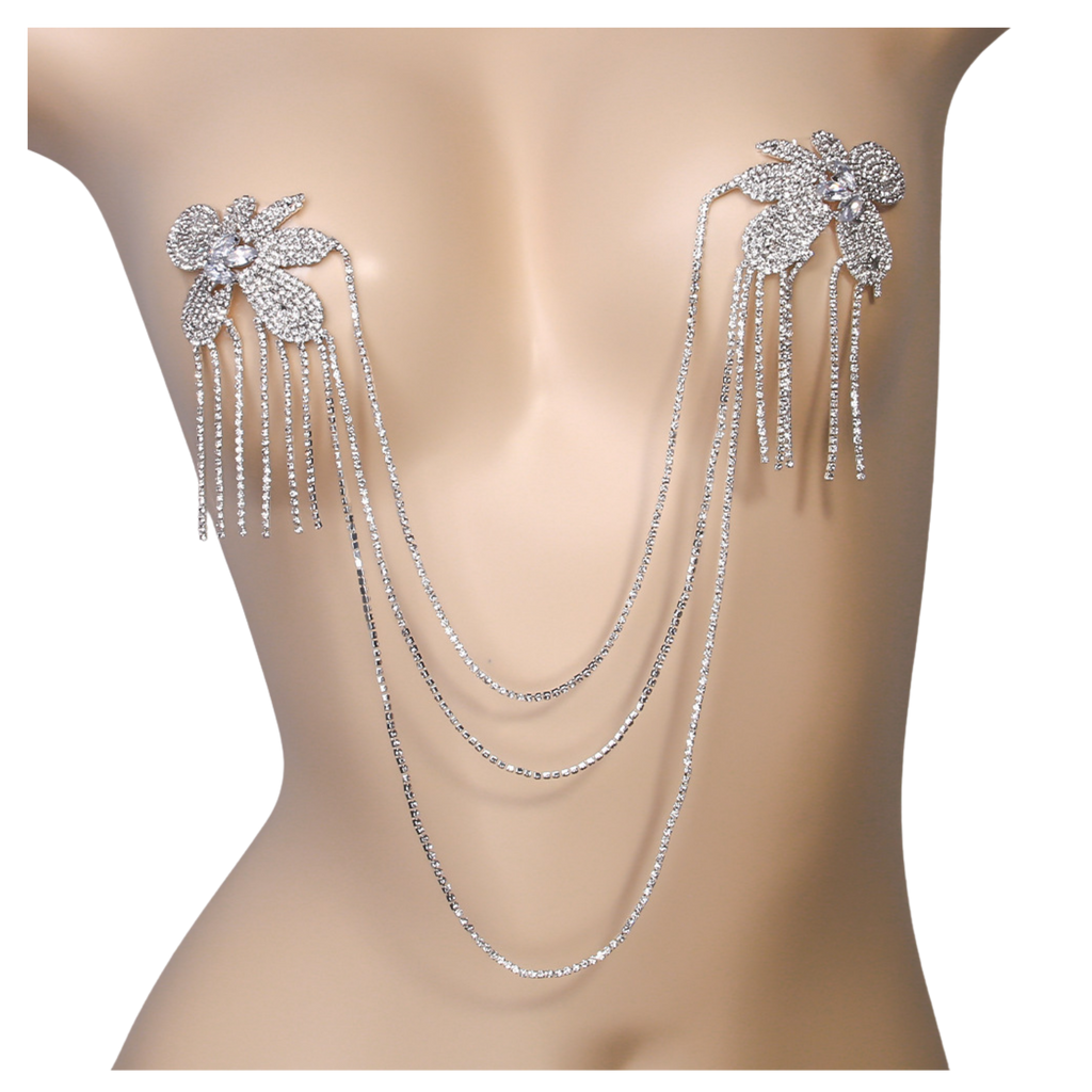 Multi-Layer Floral Tassel Rhinestone Breast Chain – Sparkling Body Jewelry