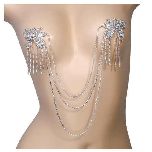 Floral tassel breast chain for women, multi-layered sexy rhinestone chest chain, nightclub body chain