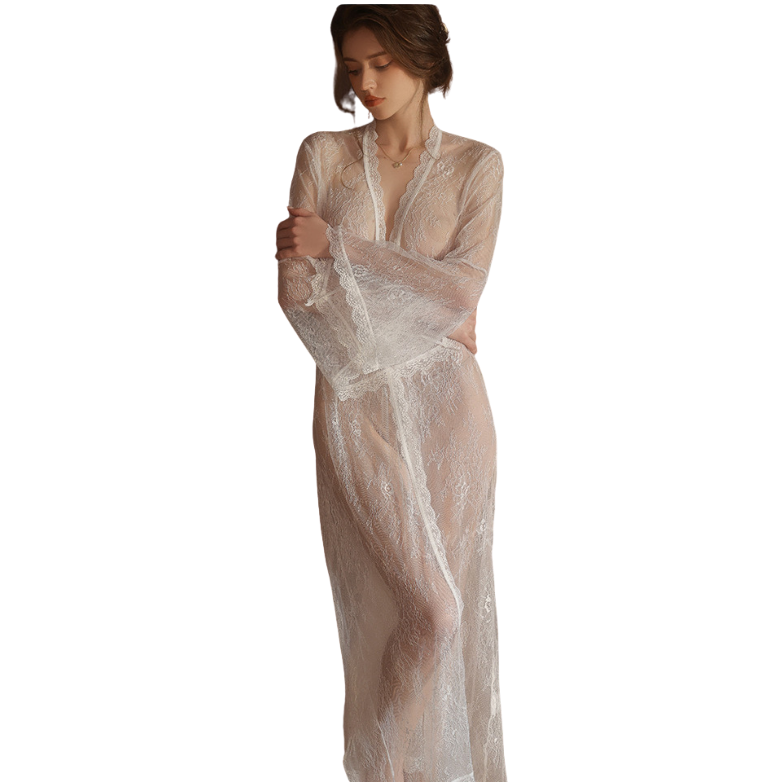 Sheer Lace Deep V Wedding Robe Set – Sexy Bridal Lingerie