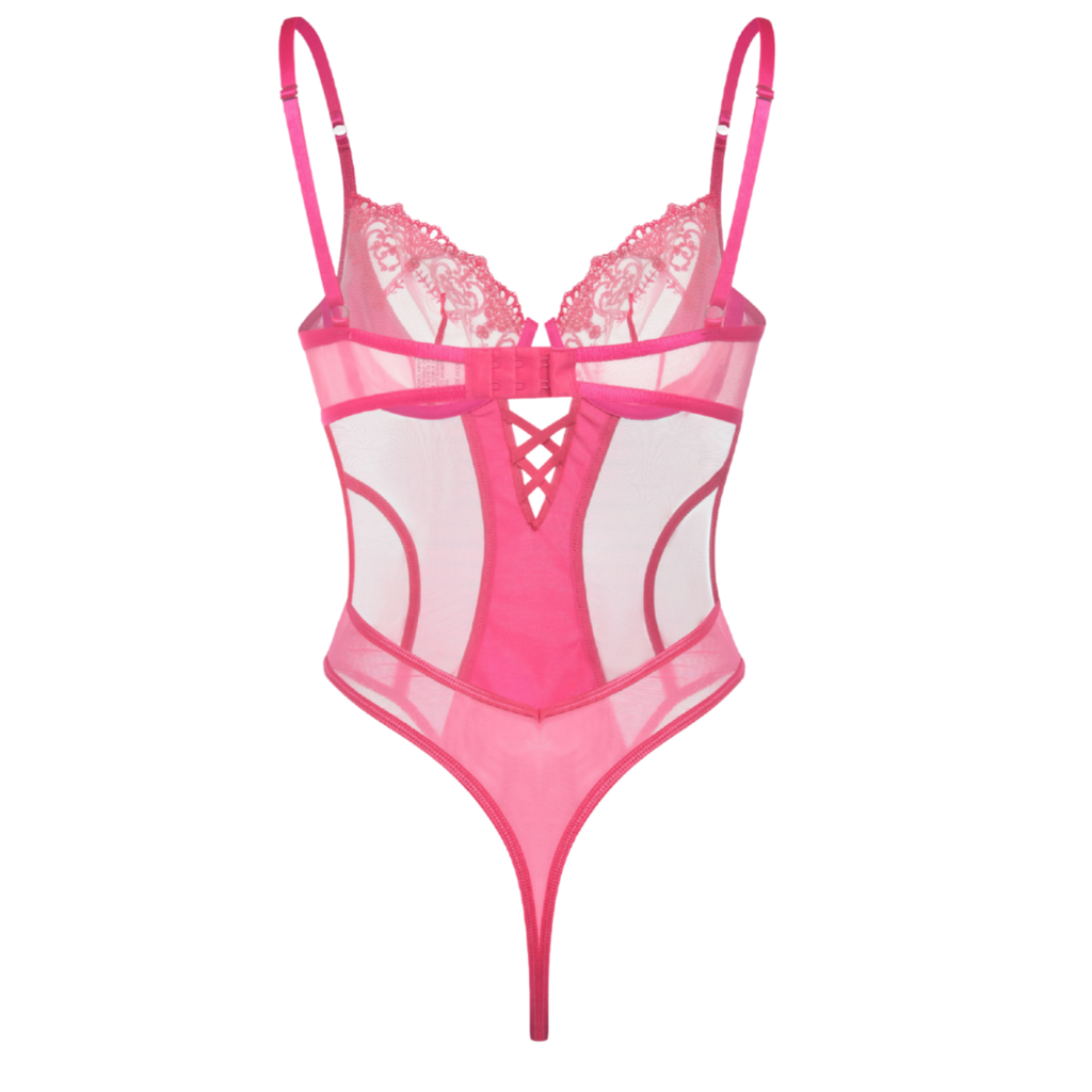 Hot Pink Lace Mesh Teddy Bodysuit