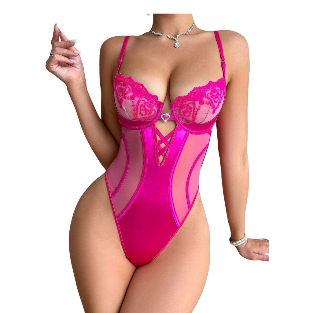 Hot Pink Lace Mesh Teddy Bodysuit