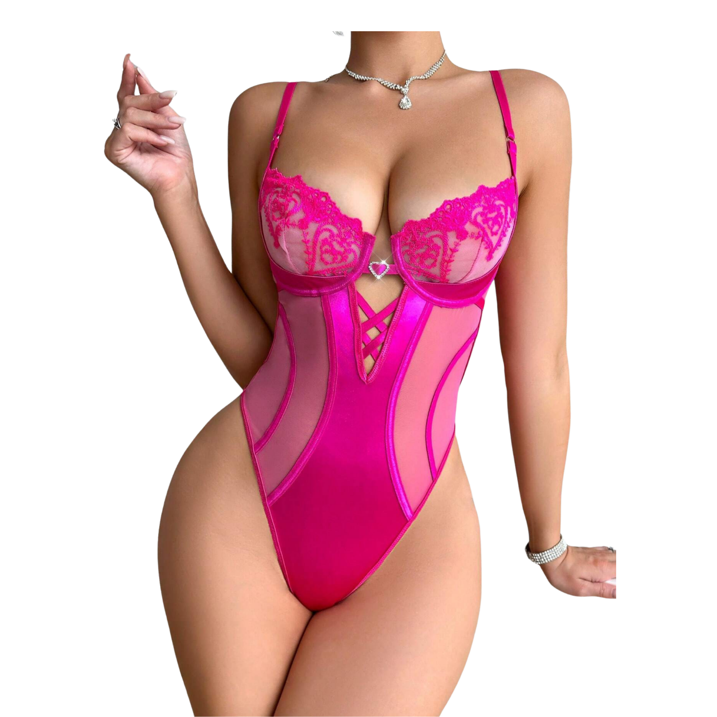Hot Pink Lace Mesh Teddy Bodysuit